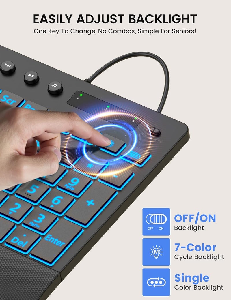 SABLUTE Large Print Backlit Keyboard, USB Wired Computer Keyboard with Backlight Memory Function, Wrist Palm, 7-Color Lighted Office Home Keyboards,Light Up Keyboard for Windows Desktop, Laptop, PC - Image 4